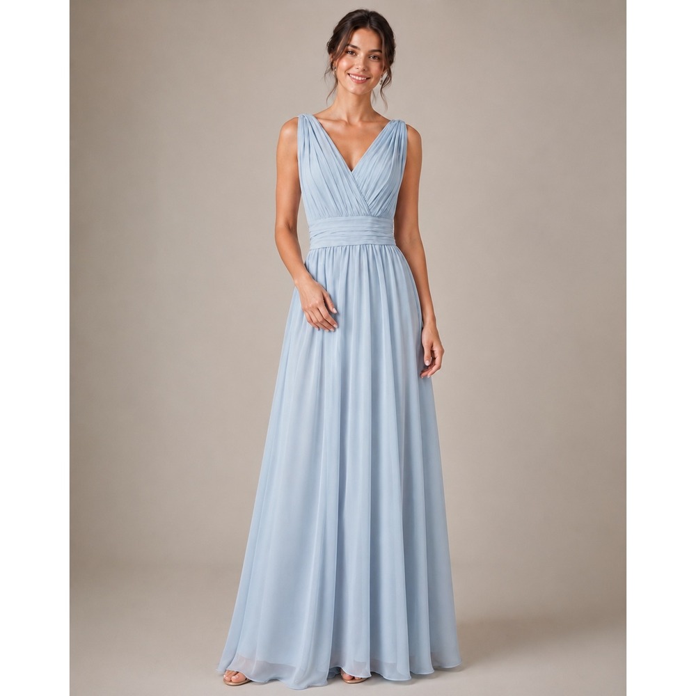 Morilee Madeline Gardner Light Blue Chiffon V-Neck Pleated Bridesmaid Dress 12